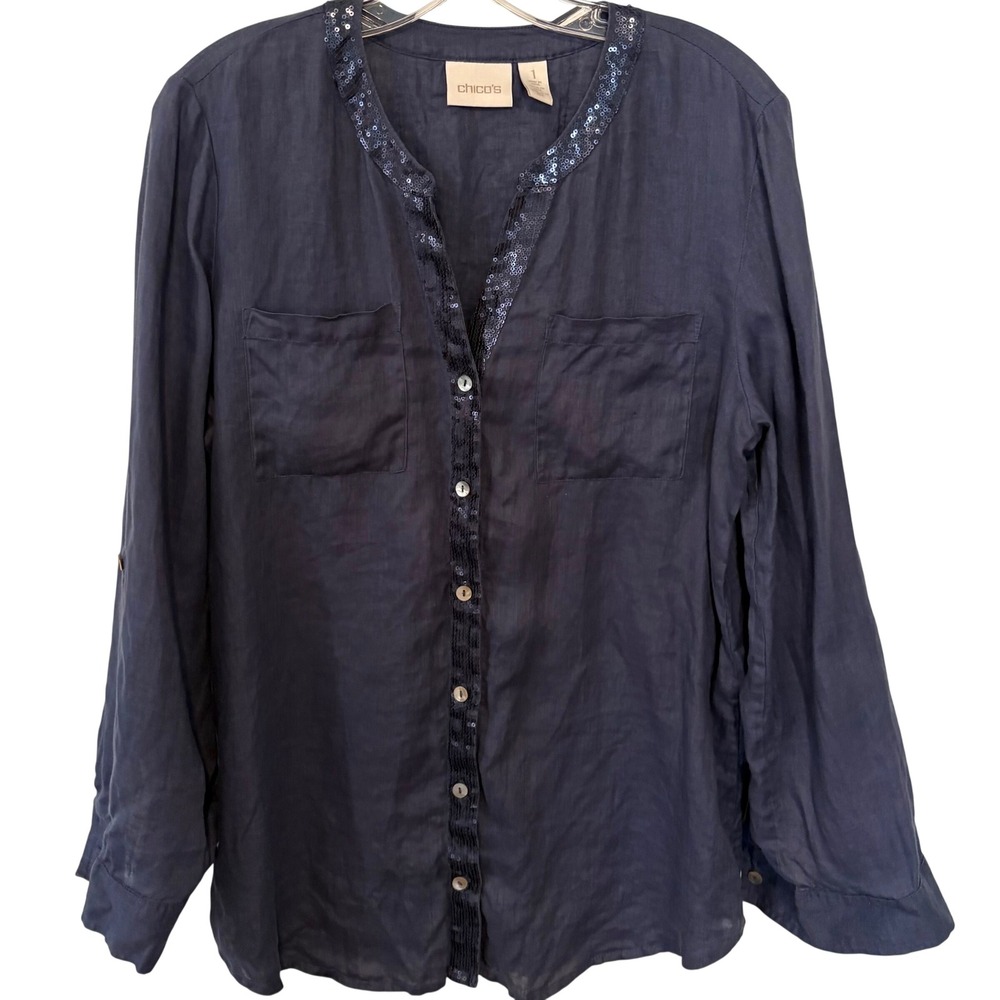 Chico's Women's Blue Linen Button Front Top with Sequins and Lace Detail Size M